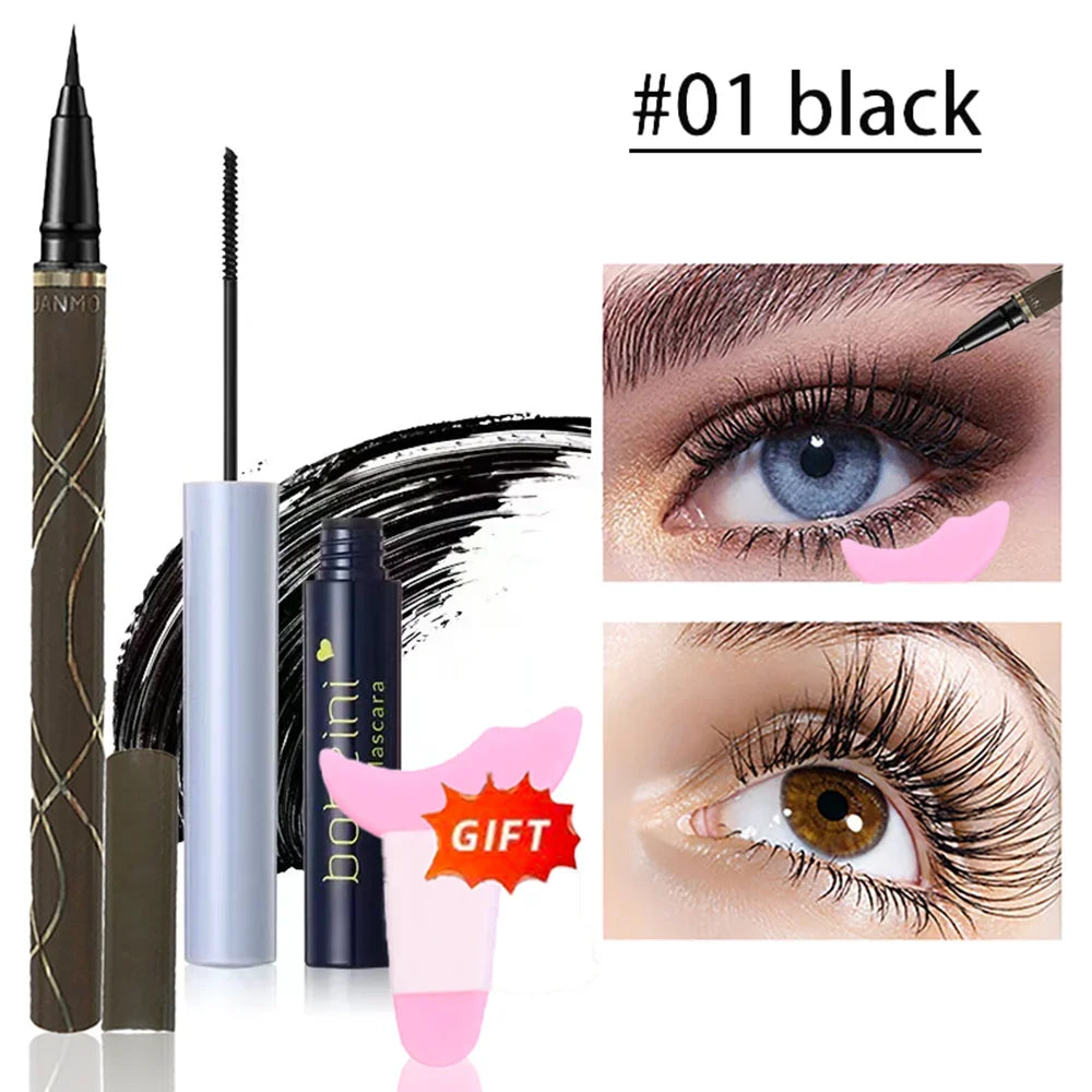 Silk Fiber Curling Mascara Ultra-fine Brush Lengthening Volumizing Qme Eyeliner 01 Set