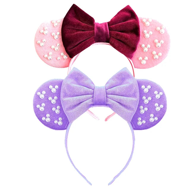 White Pearls Mickey Ears Hair Accessories for Girls Solid Color Soft Cotton Bow Headbands Women Minnie Mouse Hair Accessorie Qme Headband 13 1