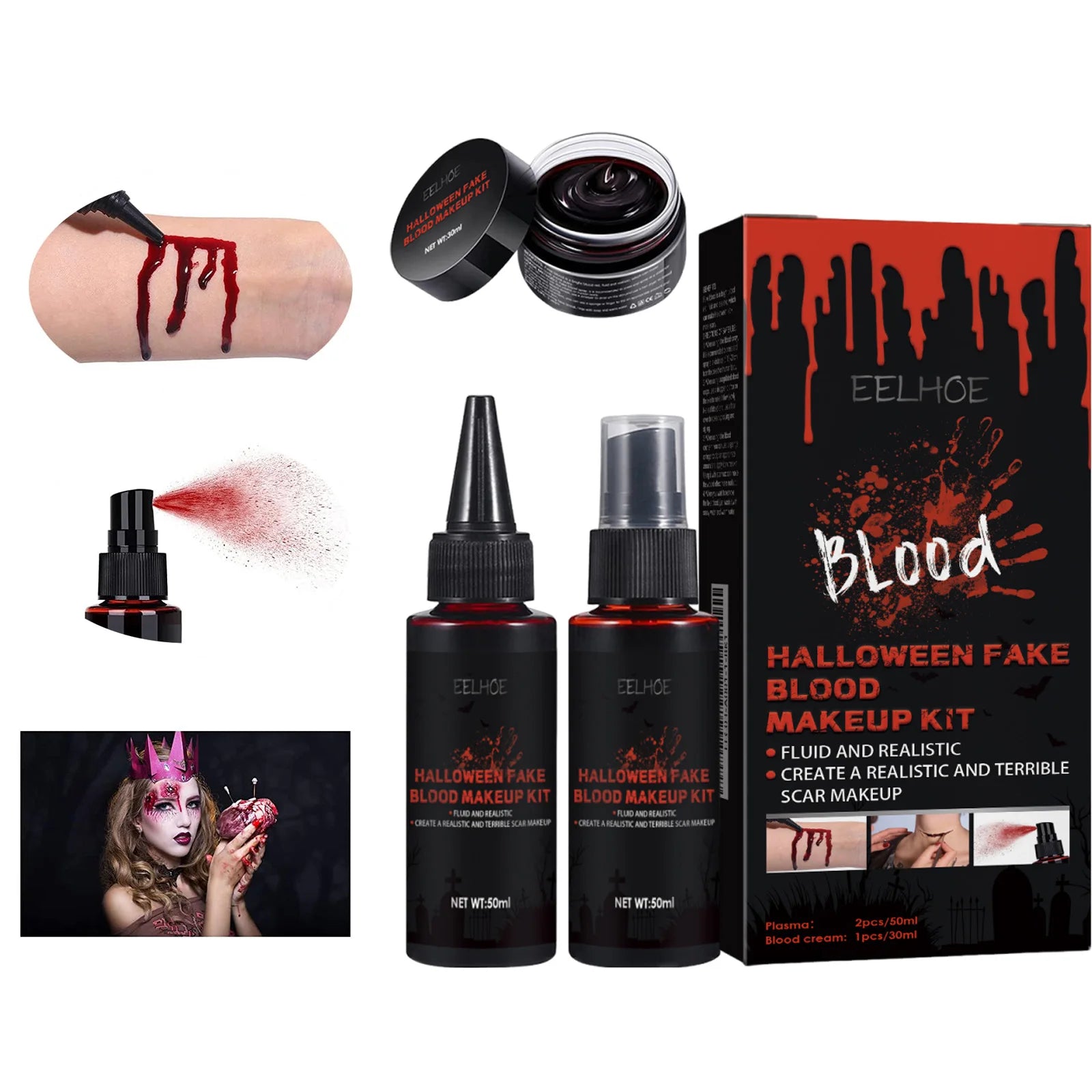 Halloween Fake Blood Makeup Kit Realistic Washable SFX Coagulated Blood Spray Cream For Cosplay Zombie Vampire Costume Party Qme