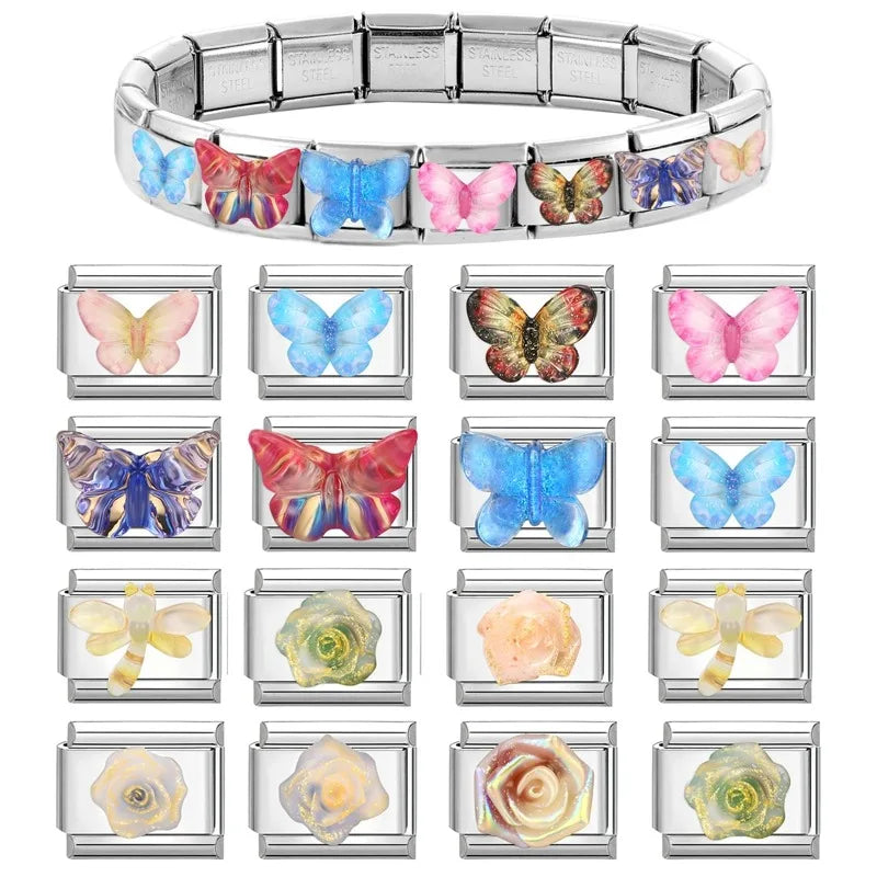 Fashion Colorful Y2K Heart Blue Purple Butterfly Italian Link Fit 9mm Stainless Steel Jewelry Making Charms Bracelets DIY Gifts Qme