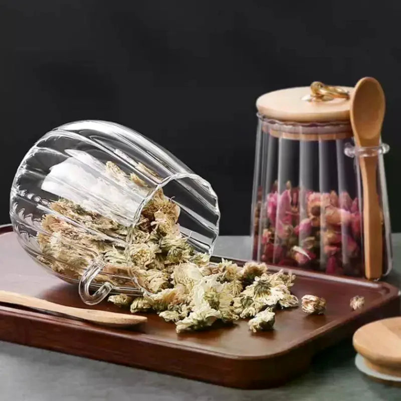 Clear Glass Food Containers with Wood Lid and Spoon Kitchen Storage Jar Sealed Cans for Loose Tea Candy Cereal Organizer Qme