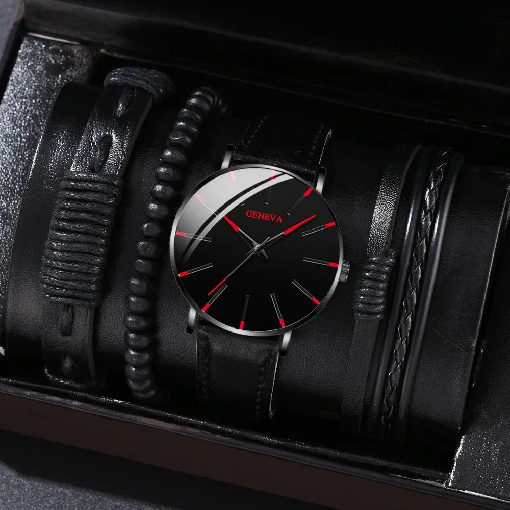New Men's Watch Luxury Bracelet Set Multi Pieces Fashion Business Black Leather Quartz Watch Gift Box for Men Reno Masculino Qme F