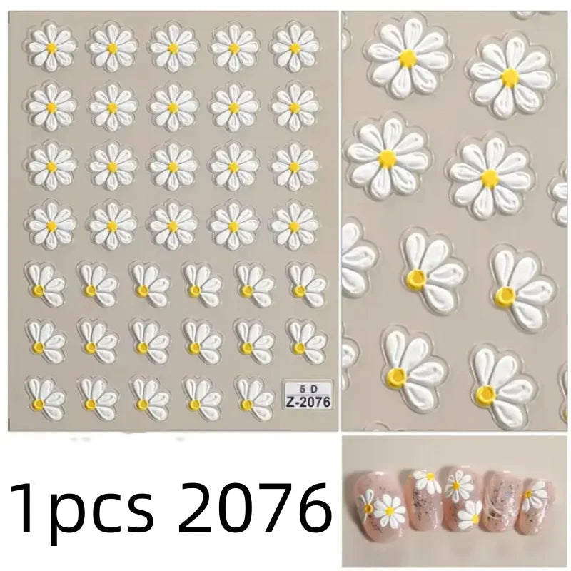 5D Flower Daisy Embossed Stickers Nail Sliders Decals White Florals