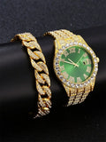 Hip Hop Watch Male Watch Luxury Water Proof Brand Watches Stainless Steel Round Clock Men Quartz Wristwatches Gift Boyfriend Qme golden green set