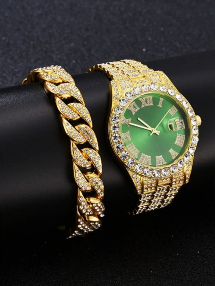 Hip Hop Watch Male Watch Luxury Water Proof Brand Watches Stainless Steel Round Clock Men Quartz Wristwatches Gift Boyfriend Qme golden green set