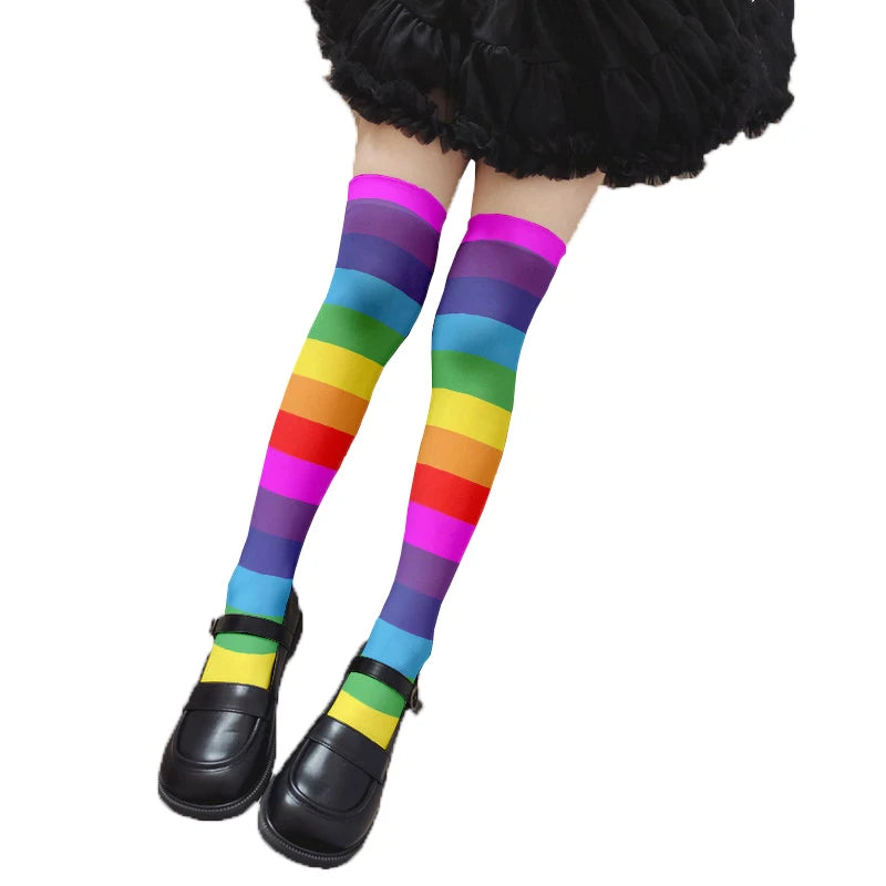 Fun Rainbow Striped Stockings Women's Sexy Fashion Multicolor Thigh Qme style3 One Size