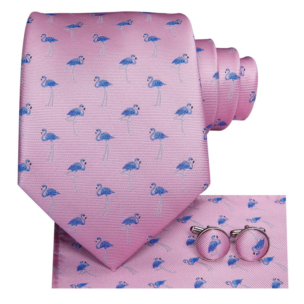 Hi-tie Designer Pink Blue Flamingo Print Silk Ties Men Handkerchief Qme