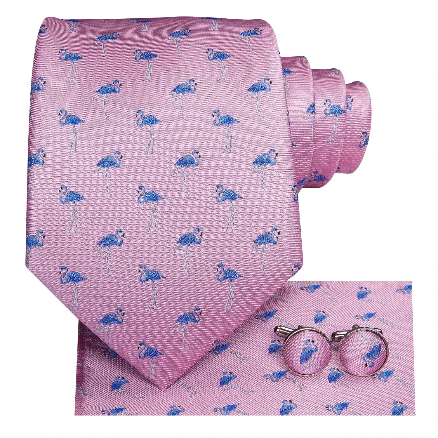Hi-tie Designer Pink Blue Flamingo Print Silk Ties Men Handkerchief Qme