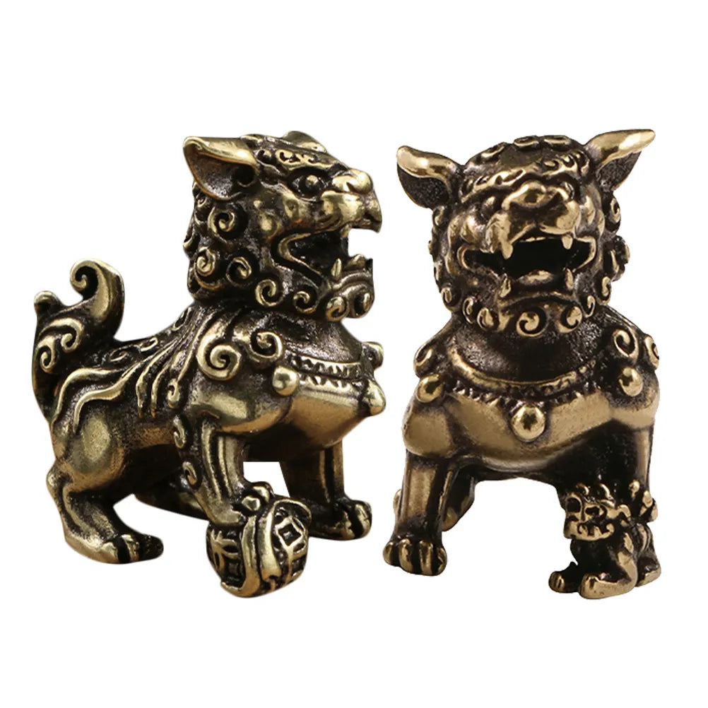 1Pair Lion Brass Tea Pet Exquisite Vintage Statue Decor for Home Hotel Restaurant Desktop Mini Lion Ornament Retro Design Qme Default Title