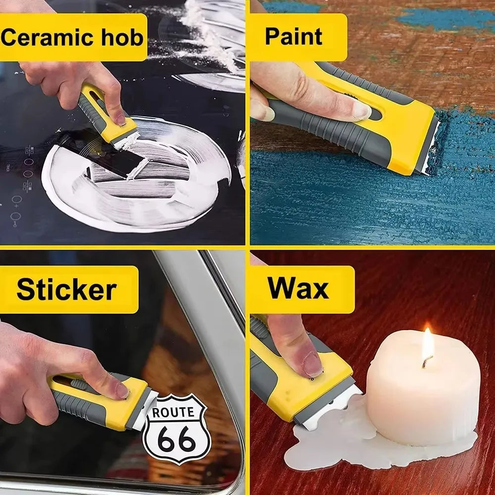 Ceramic glass scraper with retractable adjustable handle for removing labels, stickers from stoves, kitchens, and bathrooms Qme