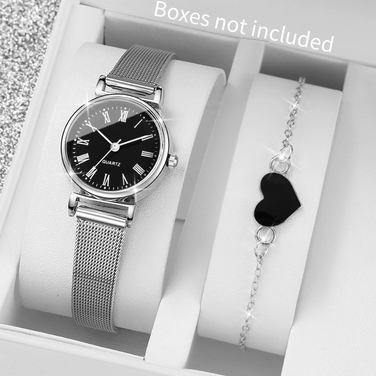 Silver mesh with Roman dial couple watch black and white dial heart thin bracelet set, four pieces, not including gift box Qme 2PCS Black No Box