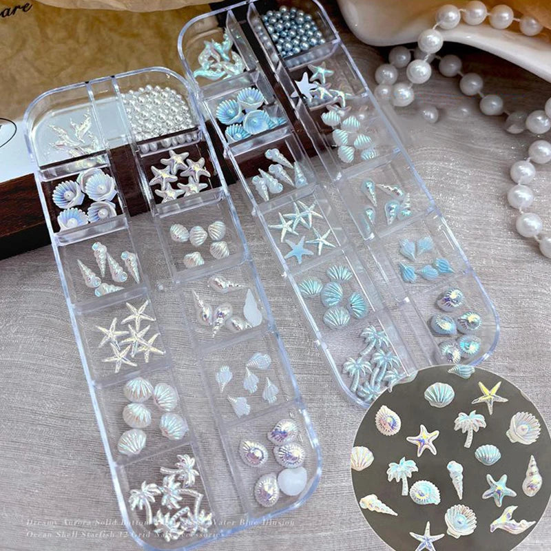 12 Grids Box Blue White Nail Charm Shell Starfish Mermaid Tail 3d Art Qme