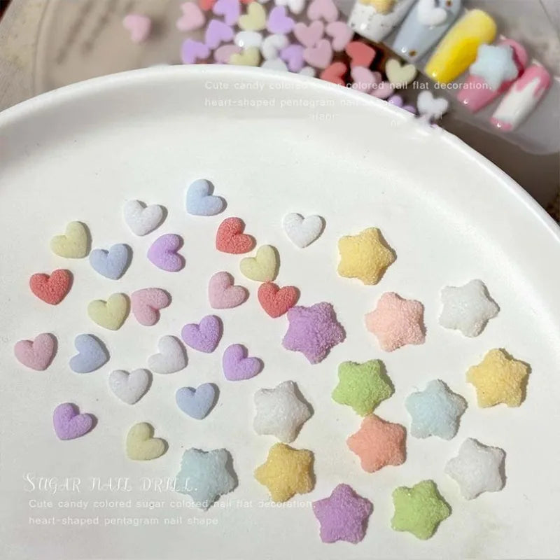 Candy Color Frosted Heart & Star Nail Charms, Sugar Texture Resin Rhinestones, Flat Back 3D Nail Art Decoration for DIY Manicure Qme