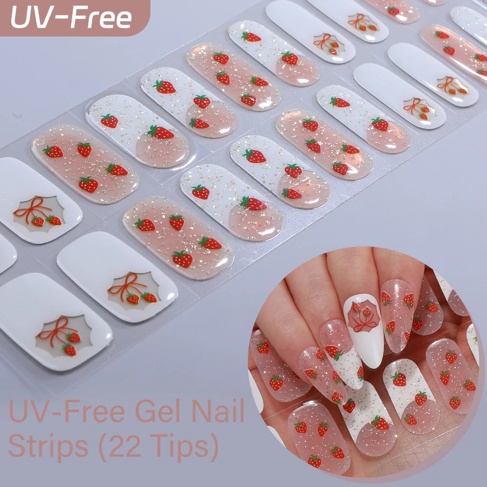 22Tips French Red Heart Kiss UV-Free Gel Nail Stickers Glitter Flower Qme BSA-0356