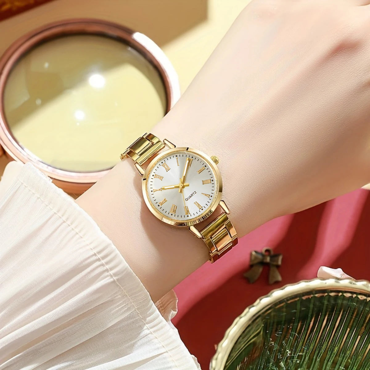 6pcs/set Bracelet Watch Fashion Narrow Strap Gold Steel Strap Quartz Watch Female Student Dial Fashion Set（Without Box） Qme