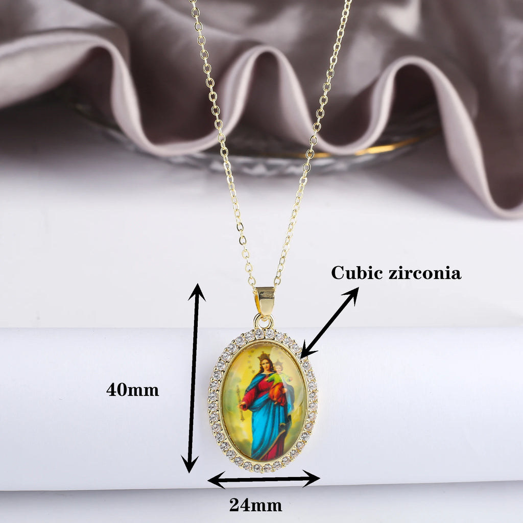 9 Style Acrylic Religious Figures Gold Plated Zirconia Pendant Necklace Classic Prayer Jewelry Anniversary Gift for Women Men9 S Qme