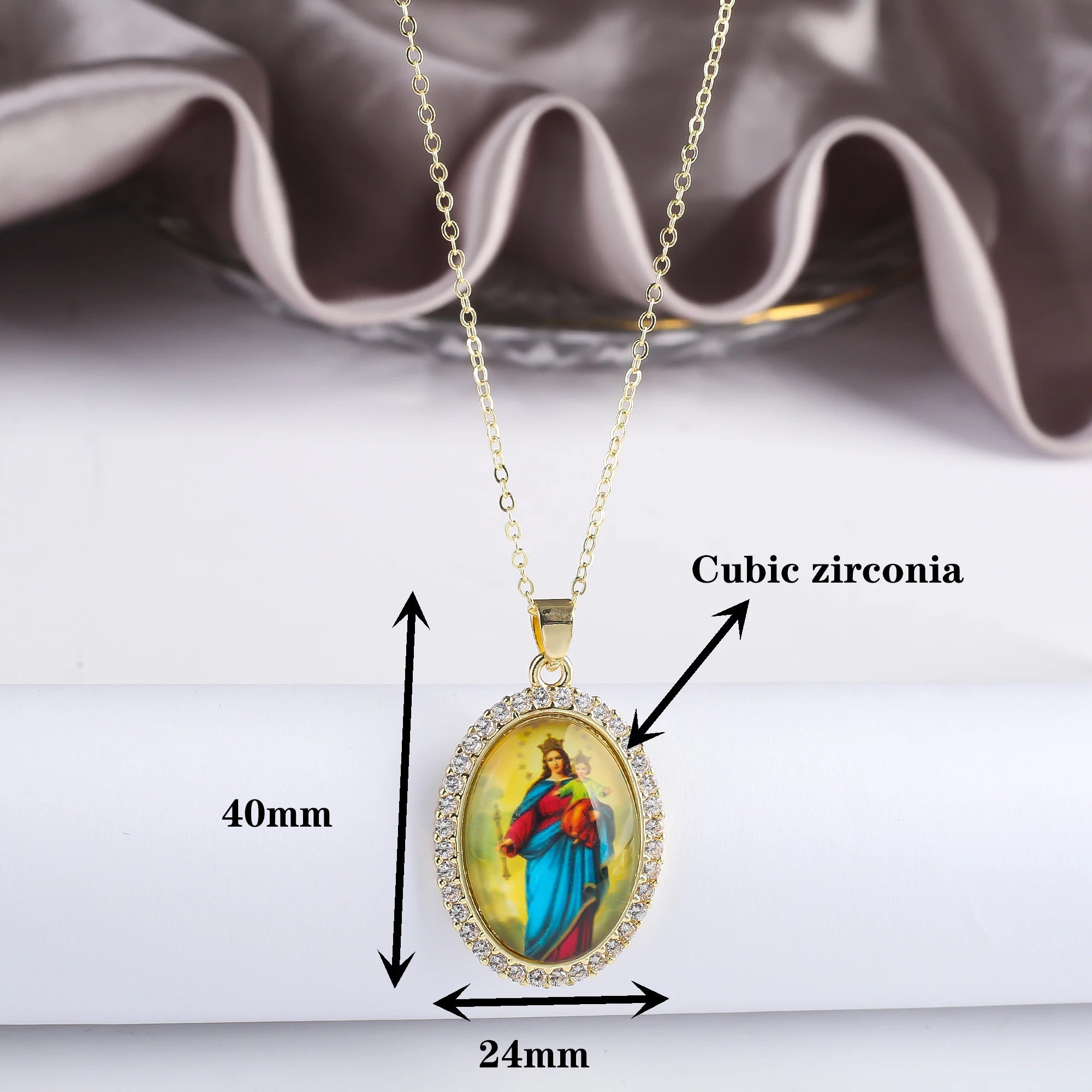9 Style Acrylic Religious Figures Gold Plated Zirconia Pendant Necklace Classic Prayer Jewelry Anniversary Gift for Women Men9 S Qme