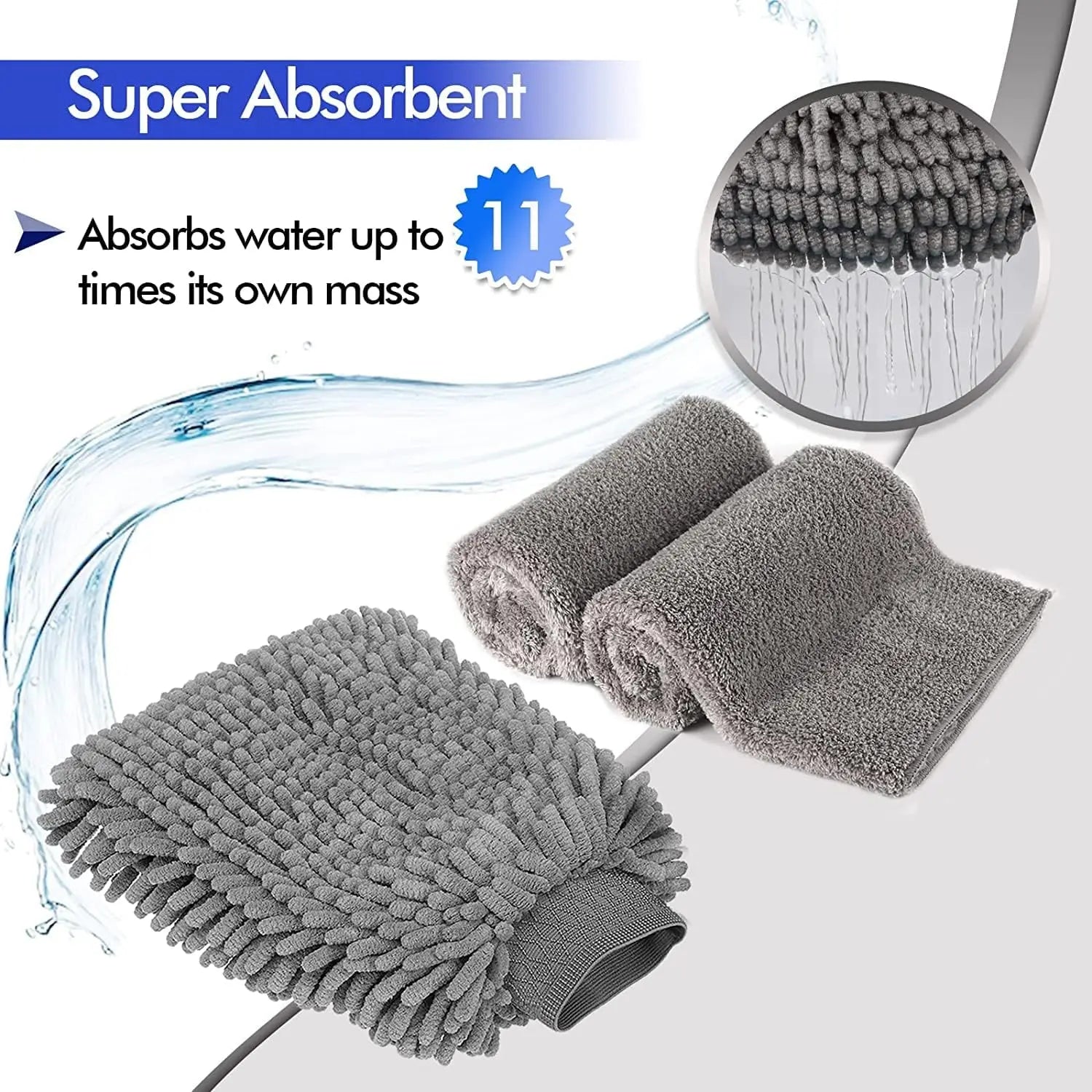 Large Size Car Wash Mitt-Premium Chenille Microfiber Wash Glove and Microfiber Towels - Lint Free（2 Towels+2 Mitts）Grey Qme
