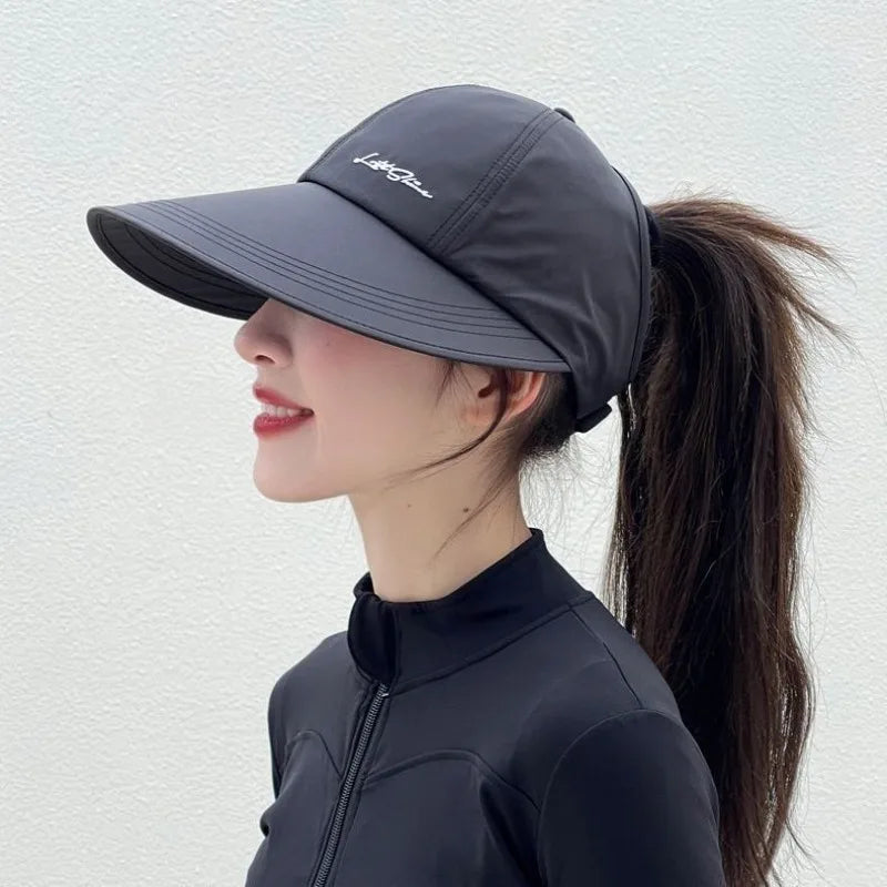 Ventilated Sun Hat Women Open Baseball Cap Extended Brimsecure Fit Qme black