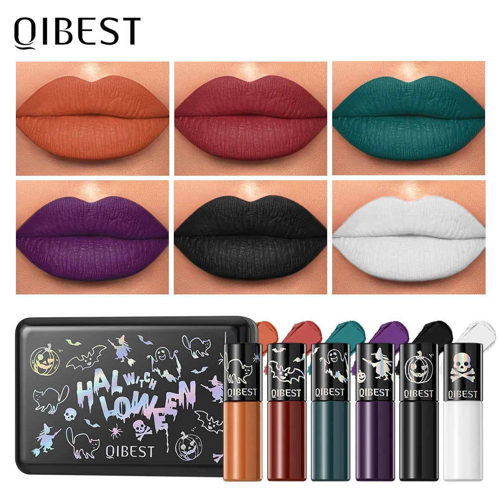 QIBEST 6Pcs/Set Waterproof Liquid Lipstick Sexy Halloween Lip Stick Matte Velvet Black Lipsticks Red Orange Lip Makeup Labiales Qme