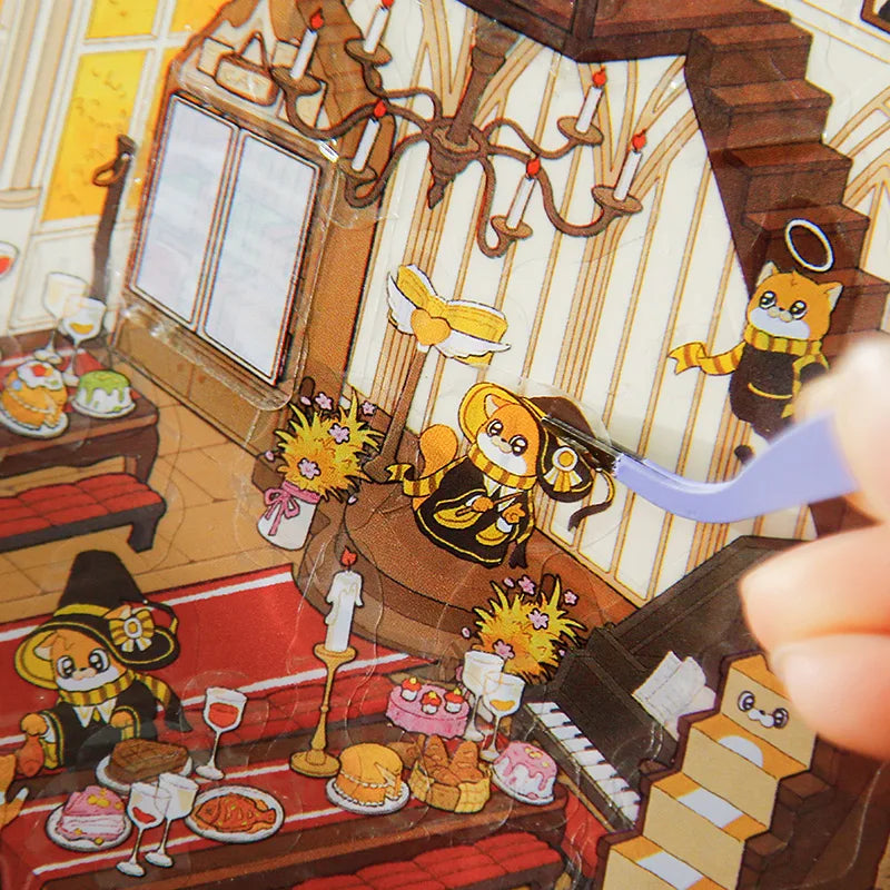 3D Scenery Stickers Magician Cat Cute Kawaii Scrapbook Stationery DIY & Handbook Decoration for Phone Case Notebook Qme