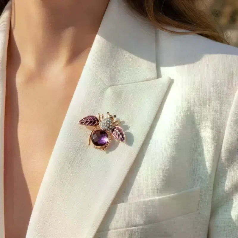 Rose Gold Plated Purple Crystal Bee Brooch With Rhinestone Enamel Wings For Wedding Party Daily Wear Qme