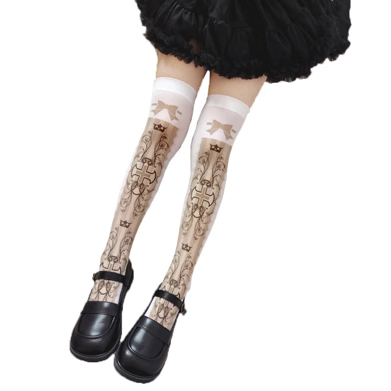 Cute Pink Princess Lolita Over Knee Stockings Love Bow Printed Girl Qme style23 One Size