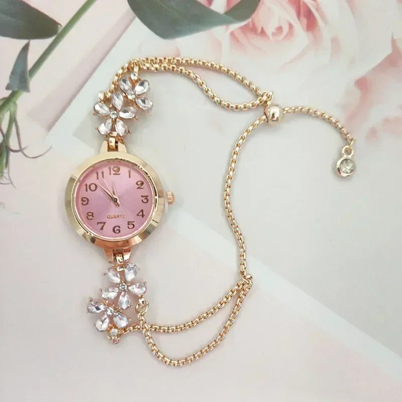 1 pcs Women Watches Brand Vintage Strass Watches Quartz Bracelet Ladies Luxury Wrist Watch Female Watch Montre Femme Watch Qme pink