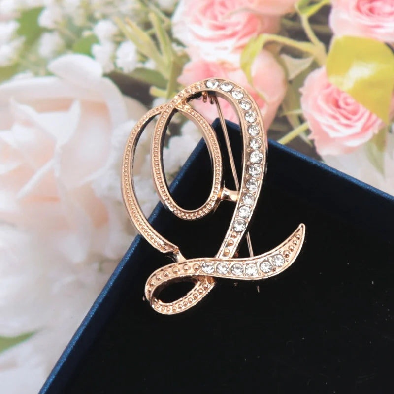 Fashion Women Rhinestone Brooch A-z English Letter Gold Metal Pins Qme Q
