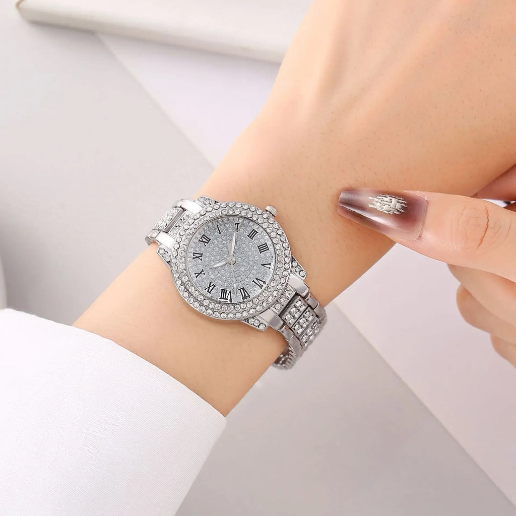 1pcs Fashion Roman pattern diamond inlaid women's watch, women's watch, quartz watch bracelet, women's watch Qme