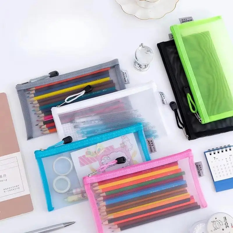 Mesh Pencil Pouches Transparent Design Durable Zip School Office Exam Qme