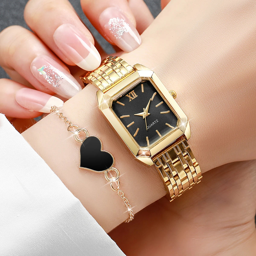 Simple and versatile square quartz watch exquisite i steel strip fashionable quartz watch fashionable student watch+heart set Qme