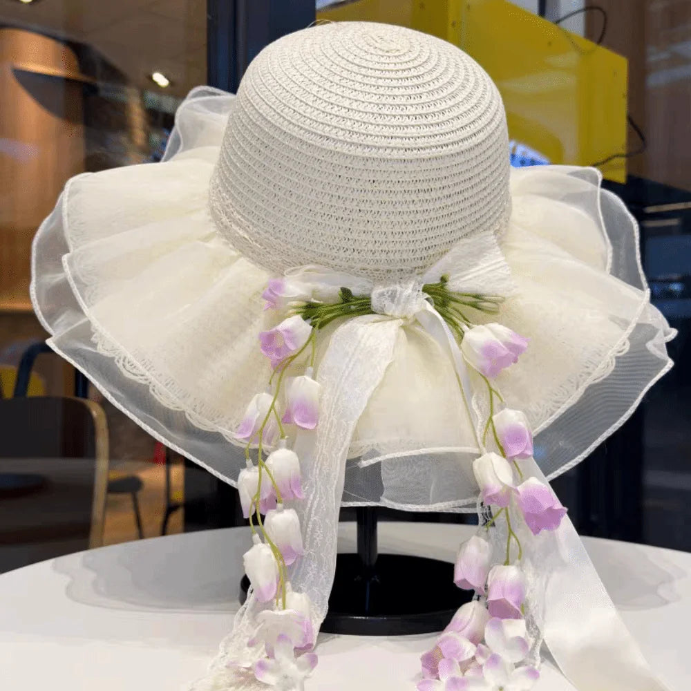 Summer Bonnet Wide Brim Straw Hat Lace Bowknot Floral Tassel Sun Cap Qme