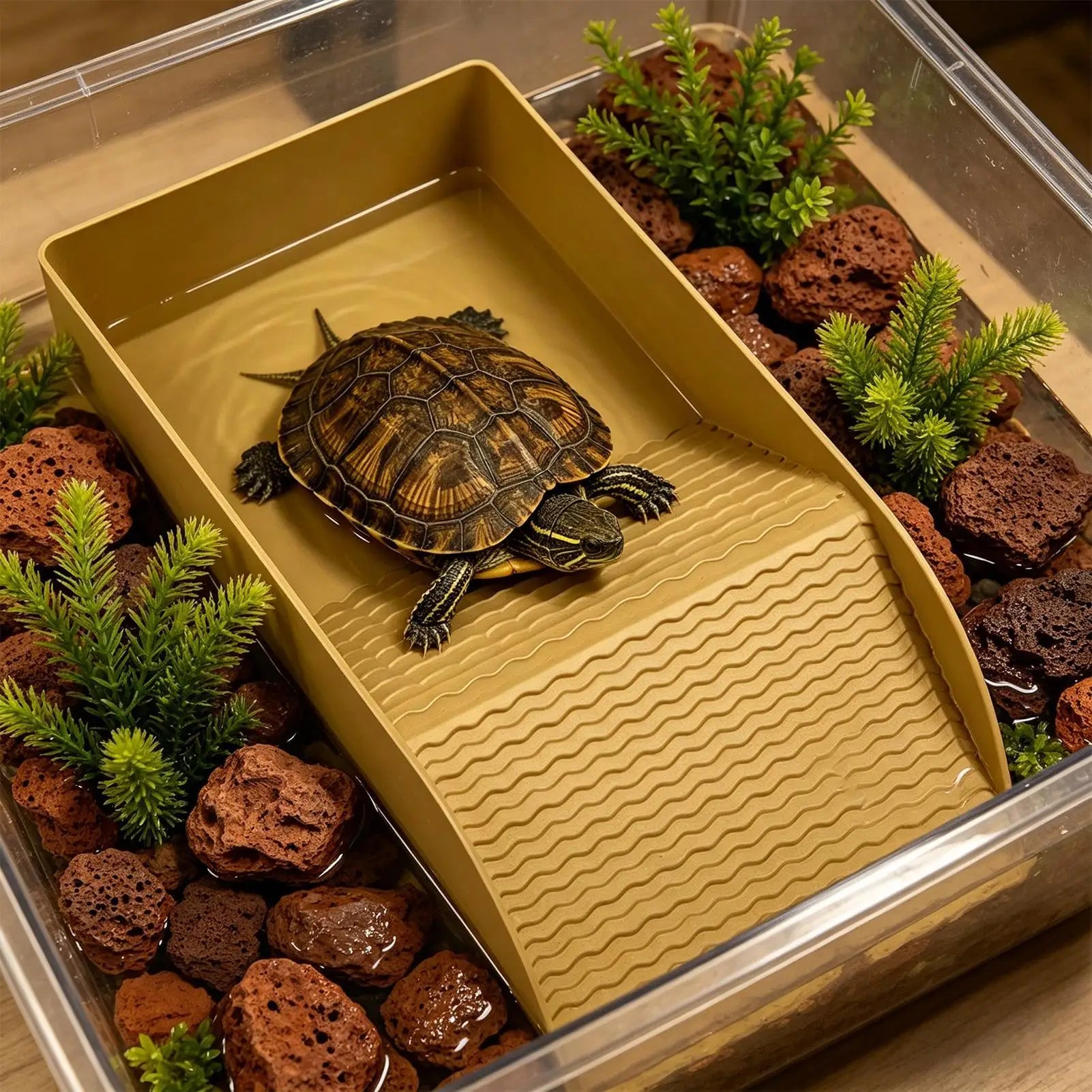 Tortoise Water Bowl Reptile Bathing Dish with Ramp Aquarium Ornament Water Bowl for Turtle Bearded Dragon Lizard Gecko Snake Qme