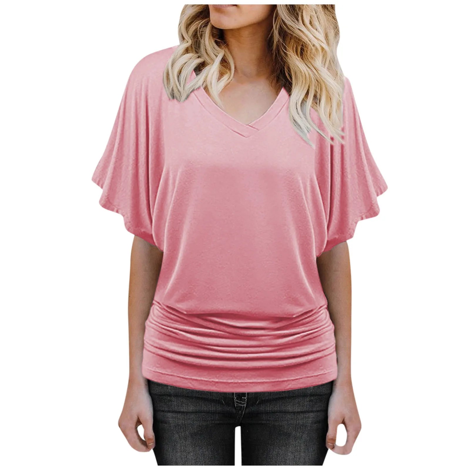 Soft Pleated Summer Bating Short Sleeved V-neck Solid Color T-Shirt Fashionable Classic Soft And Comfortable Daily Top For Lady Qme