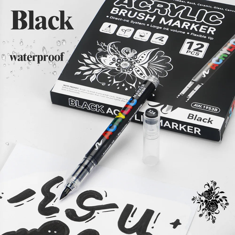 12Pcs Black/White Premium Highlight Acrylic Marker Pen, Quickly Dry, Waterproof, for Art Drawing DIY Crafts Making Art Supplies Qme 12 black