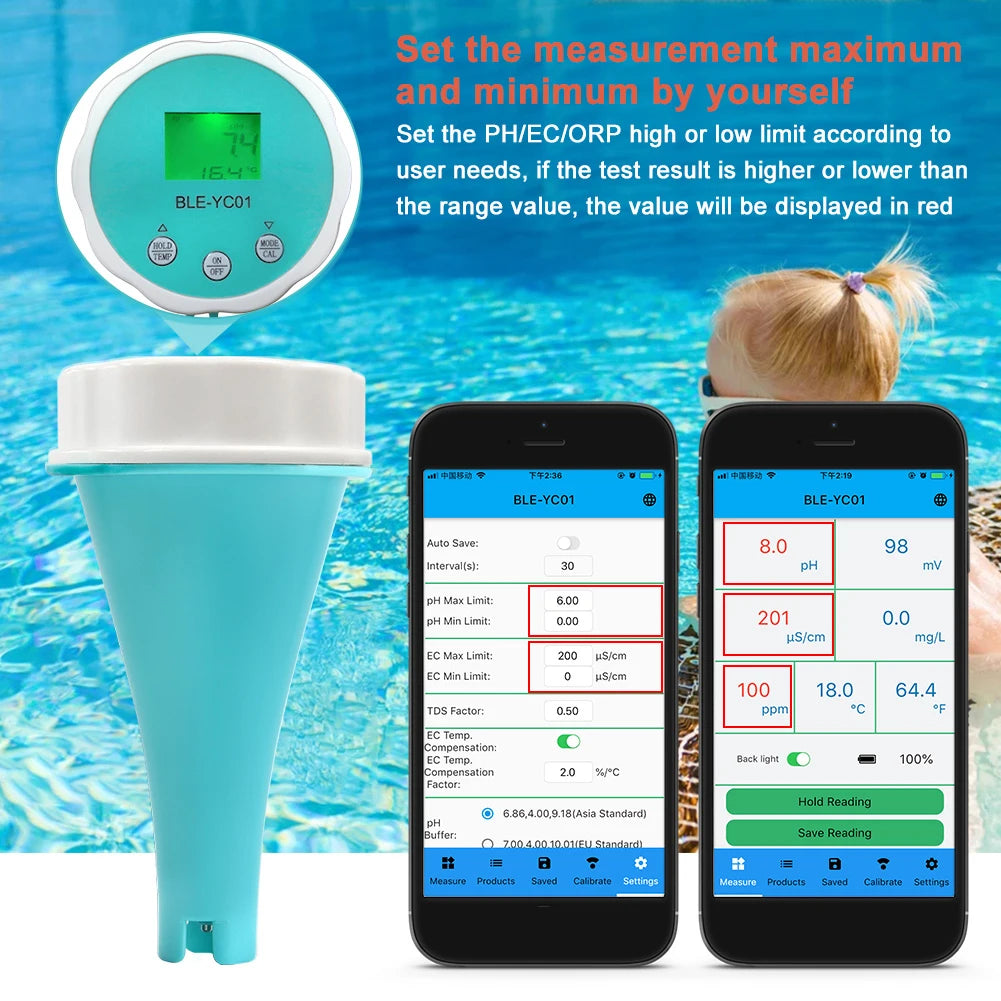 6-in-1 Residual Chlorine Monitor PH/ORP/EC/TDS Water Quality Tester Backlit LCD Display Smart Equipment Bluetooth-compatible Qme