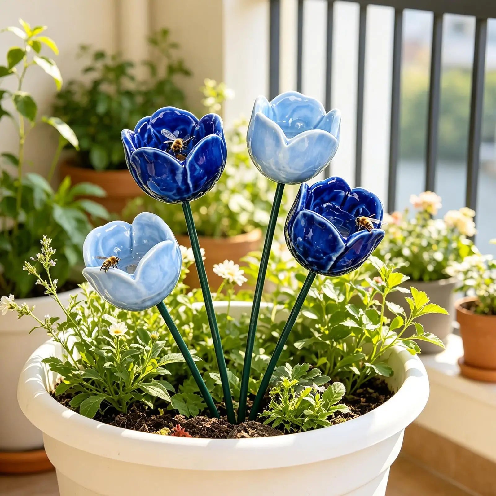 Bee Water Station Flower Garden Stake with Bee Bath Bird Water Bowl Decorative Outdoor Yard Art, Pollinator Watering Station Qme
