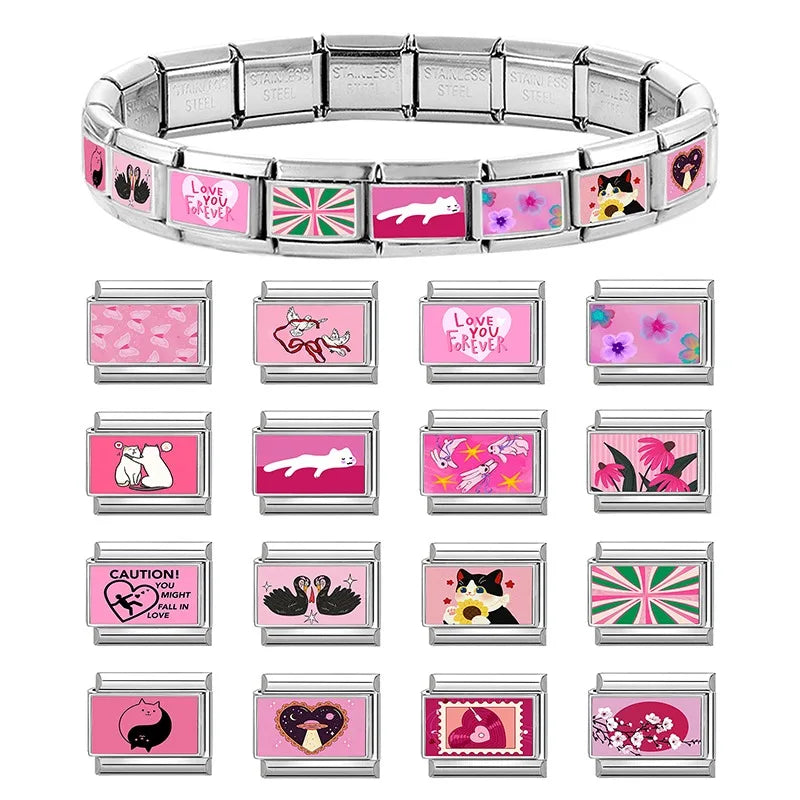 Y2K Plum Blossom Pink Black UFO Cute Flower Cat Italian Charm Link Fit 9mm Stainless Steel Module Women's Bracelet MakingJewelry Qme