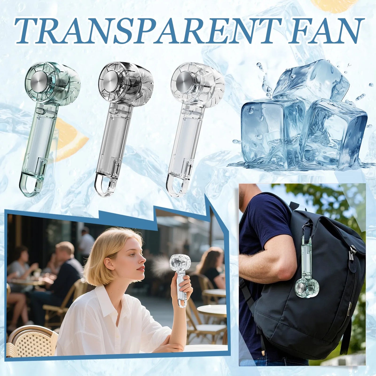 Transparent High-speed cooling fan handheld fans with Hook USB Rechargeable Portable Mini Fan for Outdoor Sports Travel Camping Qme
