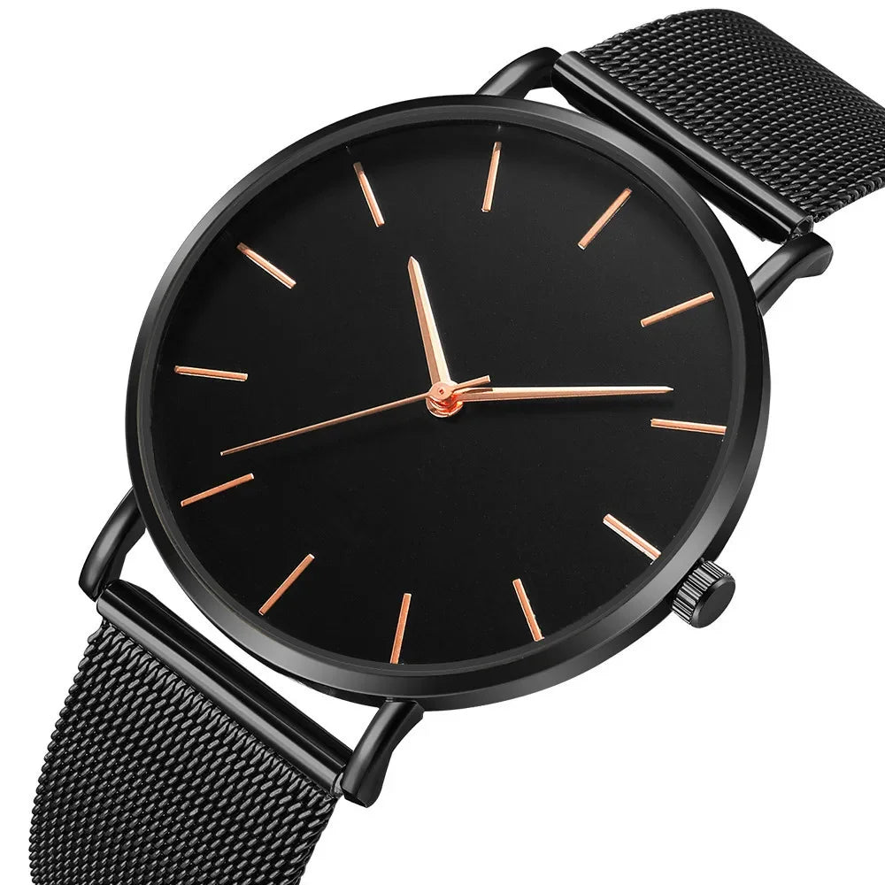 Fashion Ultra Thin Creative Black Stainless Steel Quartz Watches Men Simple Fashion Business Watch-Bracelet Male Watch Qme