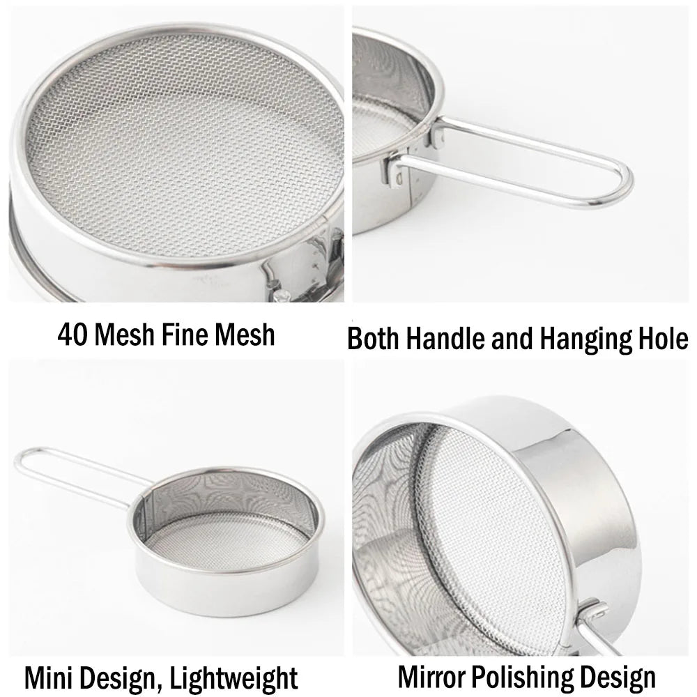 Mini Flour Sieve Small Stainless Steel Strainer Flour Sifter Drainer for Baking, Powder, Sugar and Coffee Pastas Tea Strainer Qme
