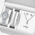 6PCS Silver Women's Watch Set Luxury Fashion Quartz Watch Bracelet Necklace Earrings Set Perfect Gift for Friends or Moms Qme Silver