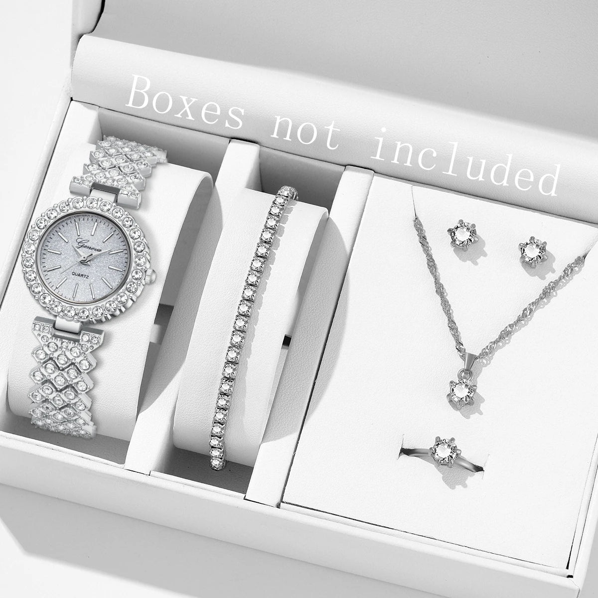 6PCS Silver Women's Watch Set Luxury Fashion Quartz Watch Bracelet Necklace Earrings Set Perfect Gift for Friends or Moms Qme Silver