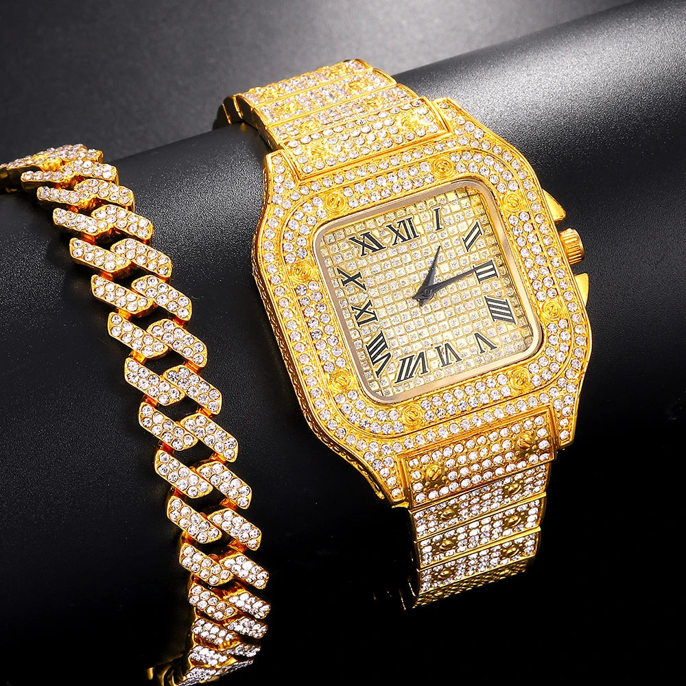 Luxury Moissanite Iced Out Watches Hip Hop Bust Down Unisex Diamond Watch, Stainless Steel Moissanite Studded Wrist Watch Qme a set of