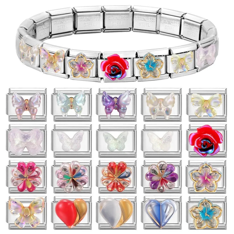 Fashion Colorful Y2K Heart Blue Purple Butterfly Italian Link Fit 9mm Stainless Steel Jewelry Making Charms Bracelets DIY Gifts Qme