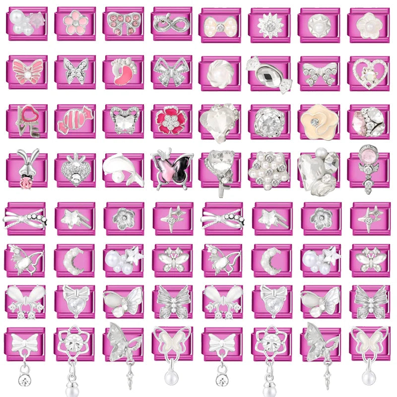 Y2K Rose Color Series Zircon Flower Butterfly Italian Charm Links Fit 9mm Stainless Steel Bracelet Women Jewelry DIY Making Gift Qme
