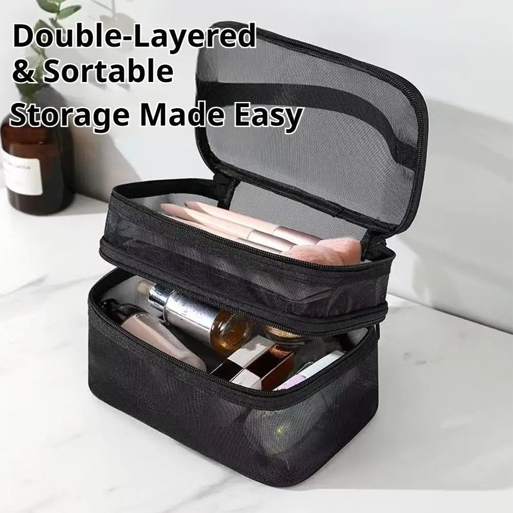 Travel Makeup Bag Handheld Mesh Storage Double Layer Cosmetic Pouch Qme