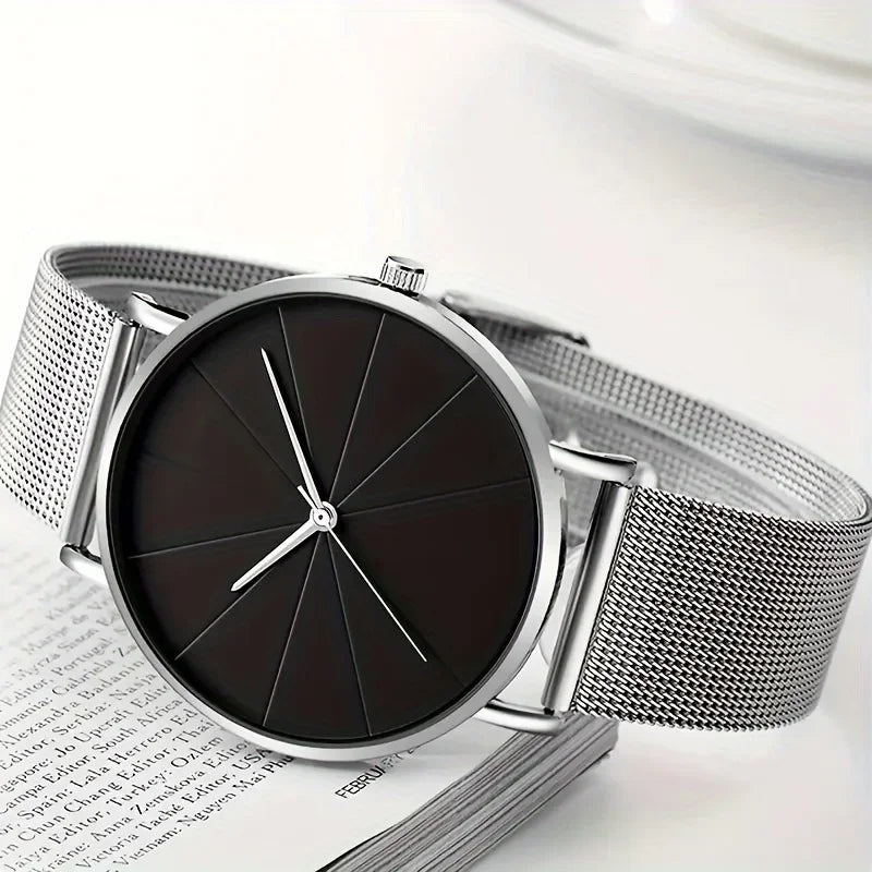 2pcs/set Men's Business Minimalist Quartz Watch Stainless Steel Mesh Band Wrist Watch & Bracelet, Father's Day Valentine's Day Qme