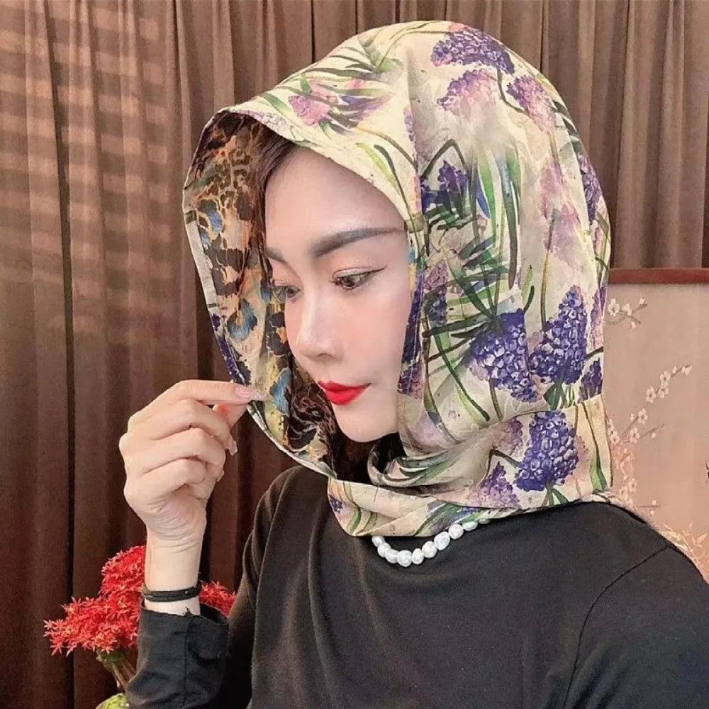 Headkerchief Elegant Printed Turban Hat Painting Cotton Linen Loom Silk Scarf Hat Sunscreen Polyester Women's Headscarf Beach Qme Style13